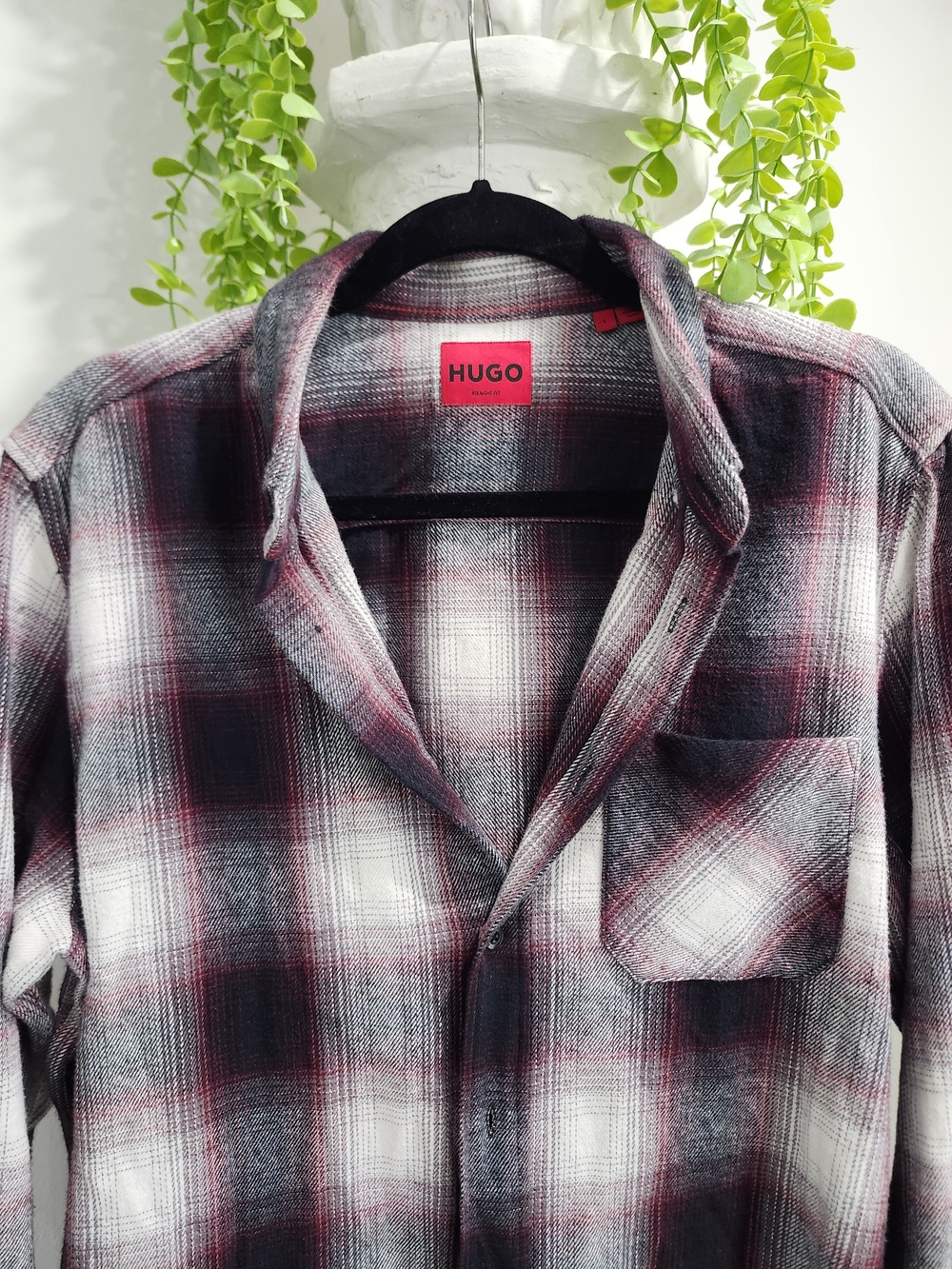 HUGO Men's Burgundy and Black Plaid Button-Up Shirt - Picture 3 of 5